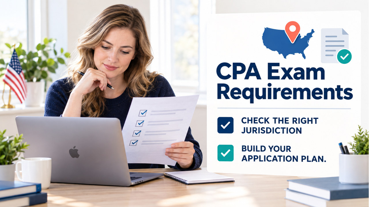 cpa exam requirements cover with one adult U.S. learner verifying a jurisdiction checklist