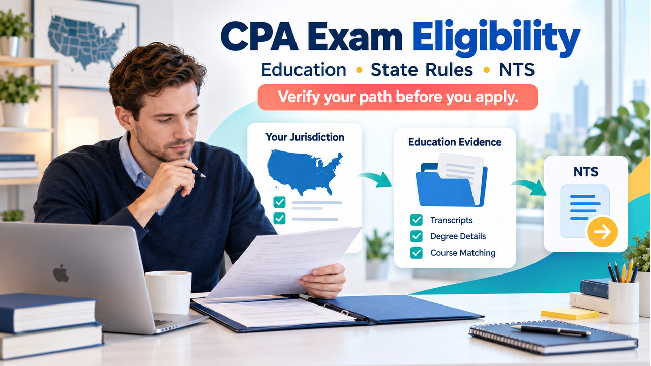 cpa exam eligibility cover with one adult U.S. learner checking a jurisdiction file