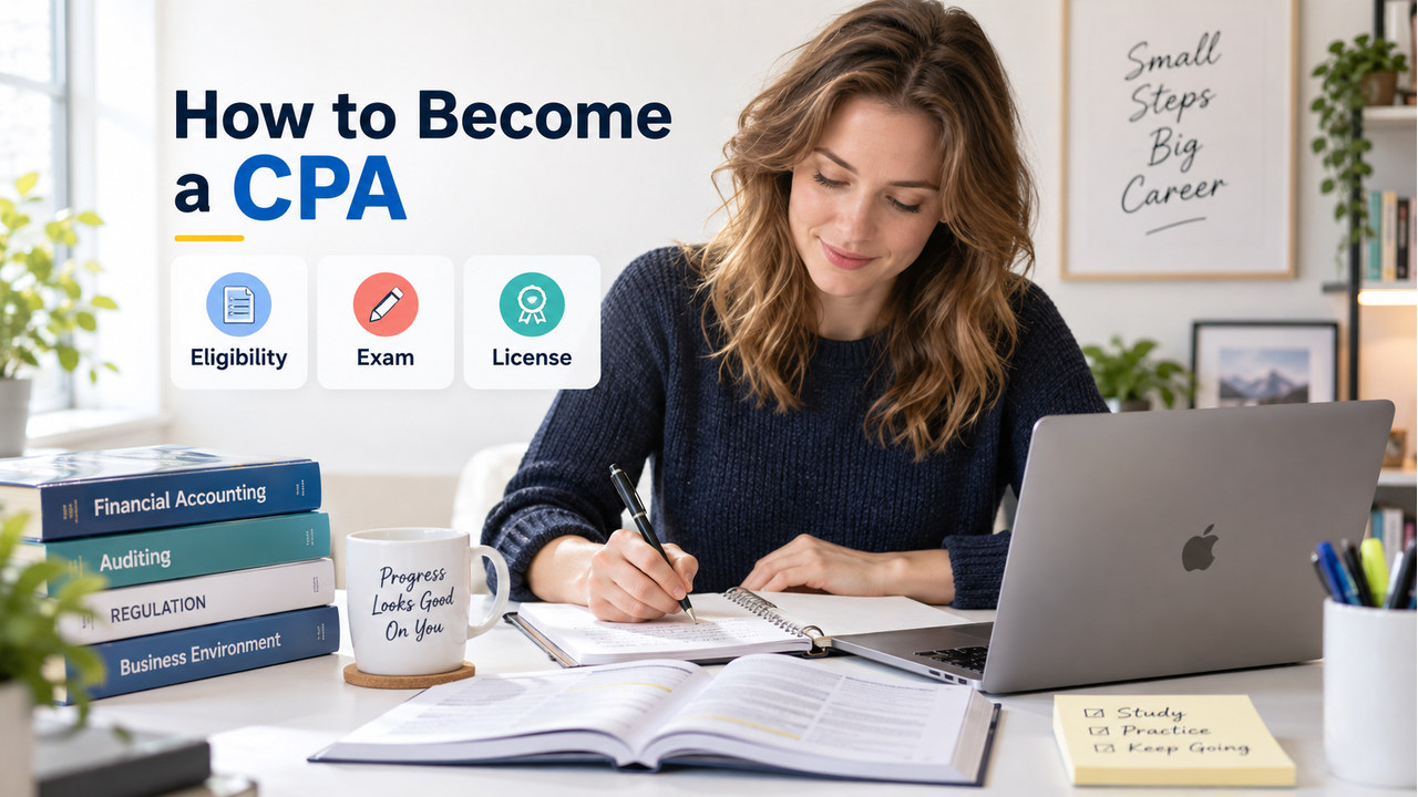 How to become a CPA roadmap with one white-presenting adult U.S. accounting learner at a study desk