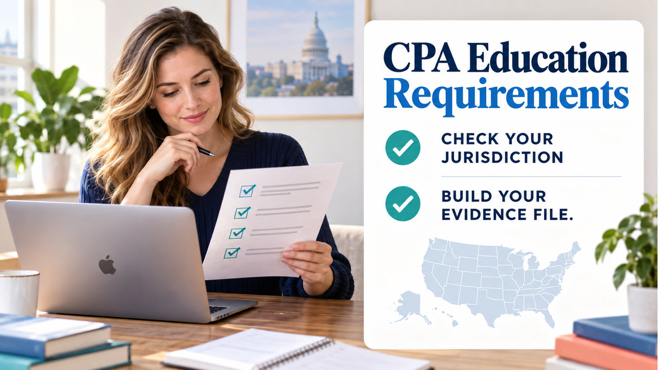 cpa education requirements for cpa exam cover with one adult U.S. learner reviewing a jurisdiction checklist