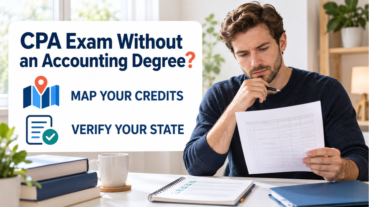 can i take cpa exam without accounting degree guide with one white-presenting adult learner reviewing a transcript and course checklist