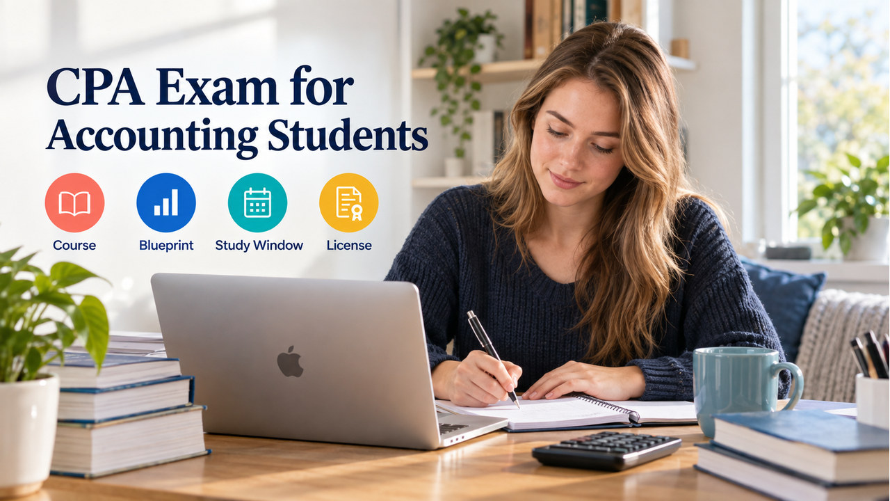 CPA exam for accounting students guide with one white-presenting adult U.S. accounting student at a study desk