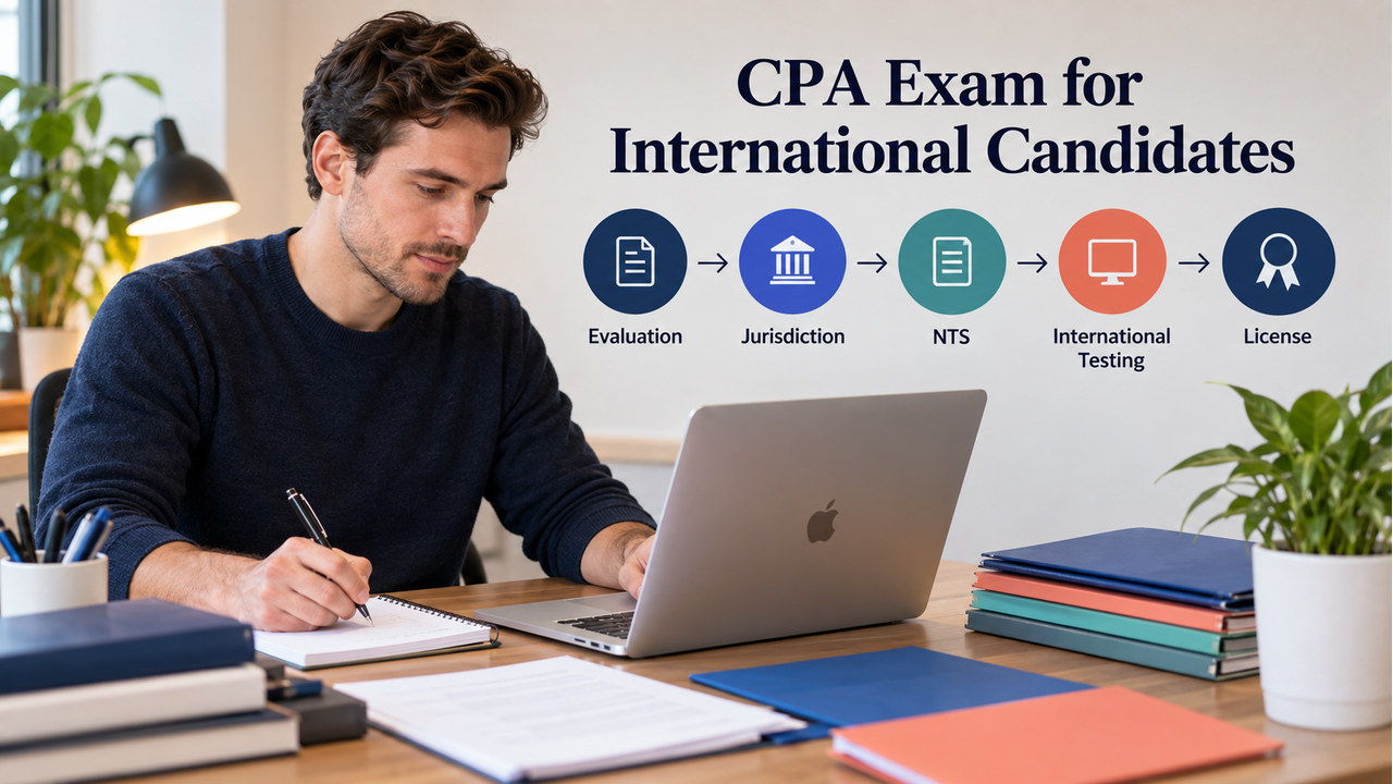 cpa exam for international candidates guide with one white-presenting adult at a U.S. study desk