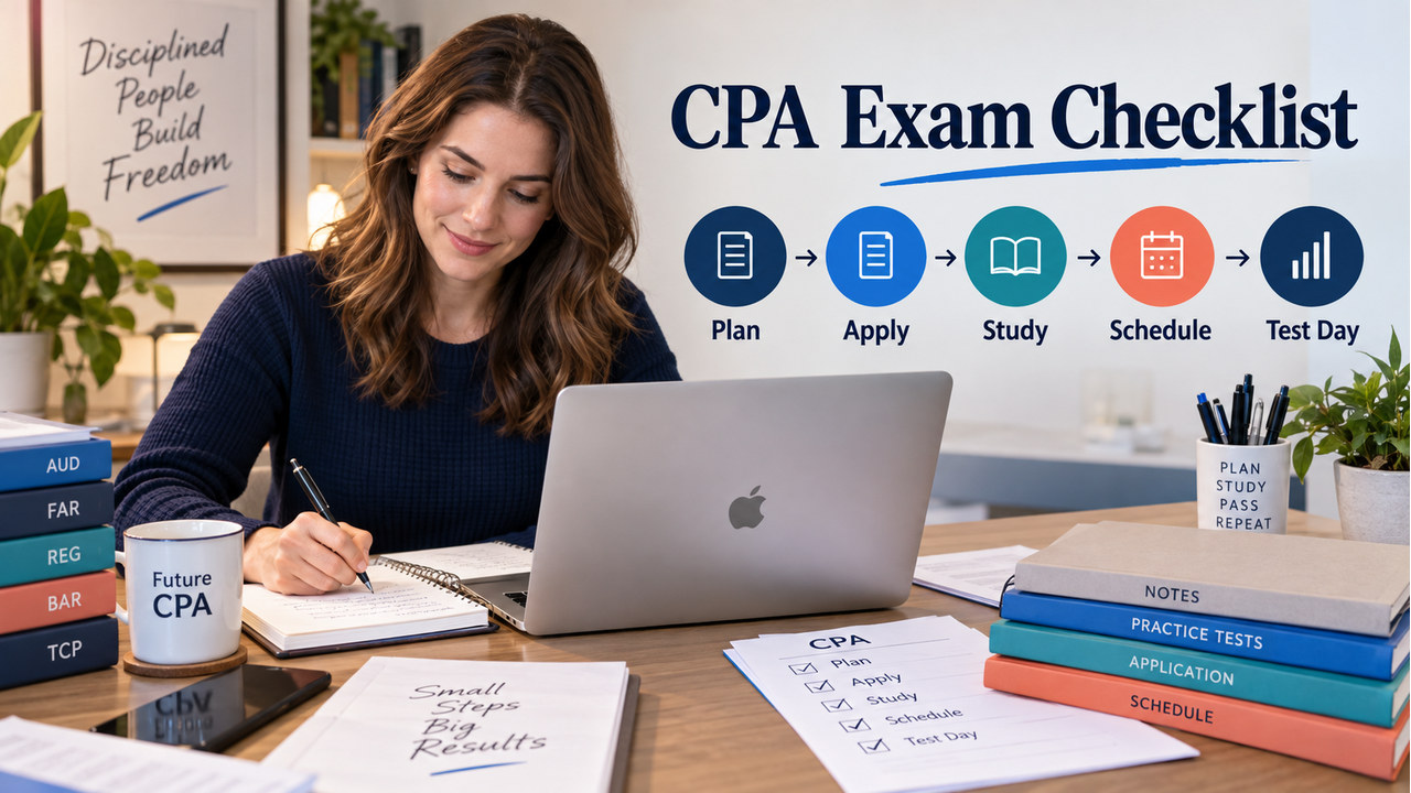 cpa exam checklist guide with one white-presenting adult CPA candidate at a study desk