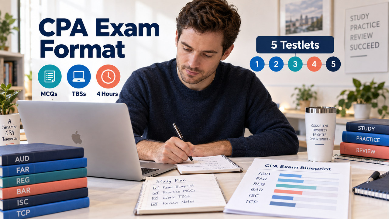 cpa exam format guide with one white-presenting adult U.S. learner at a study desk