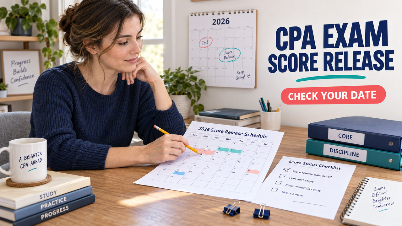 single white-presenting adult checking a CPA Exam score release calendar at a study desk